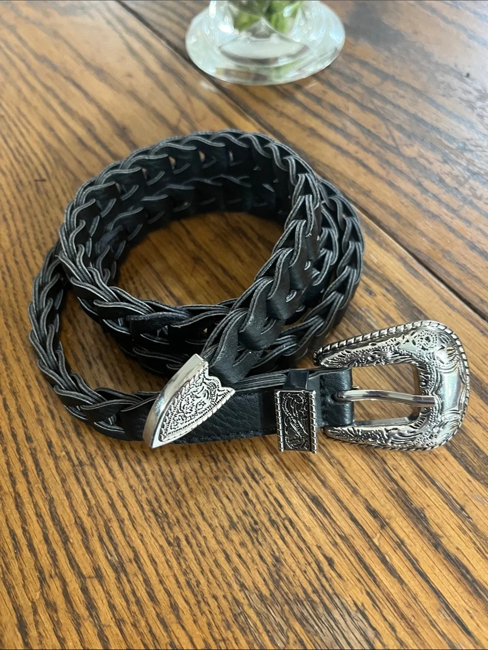 Hecho Black Braided Leather Belt with Ornate Silver Buckle